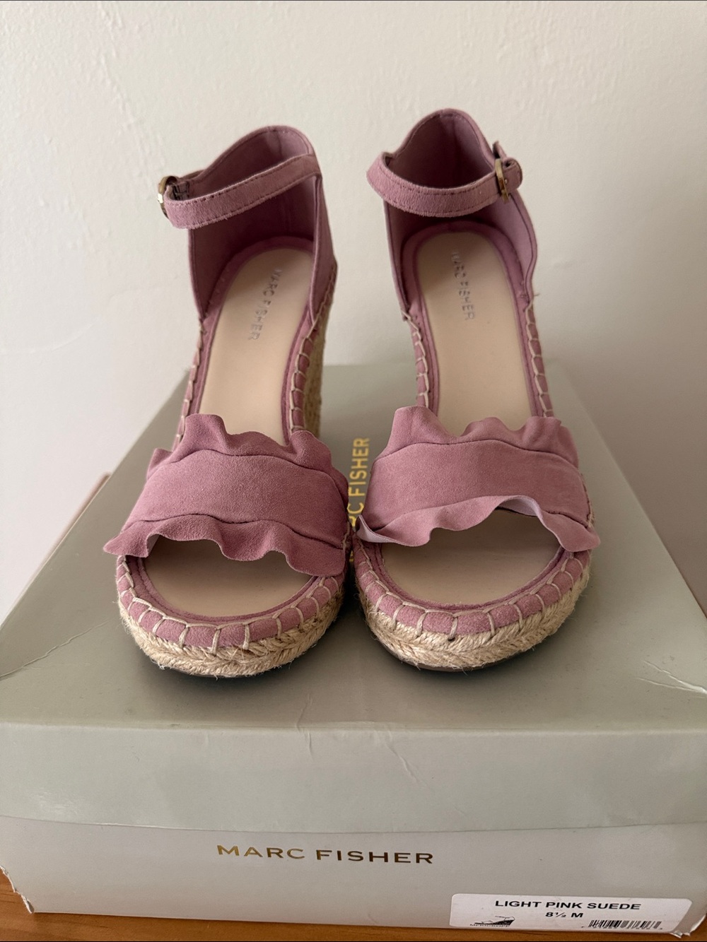 Marc Fisher Pink Suede Ruffle Espadrille Wedge Sandals